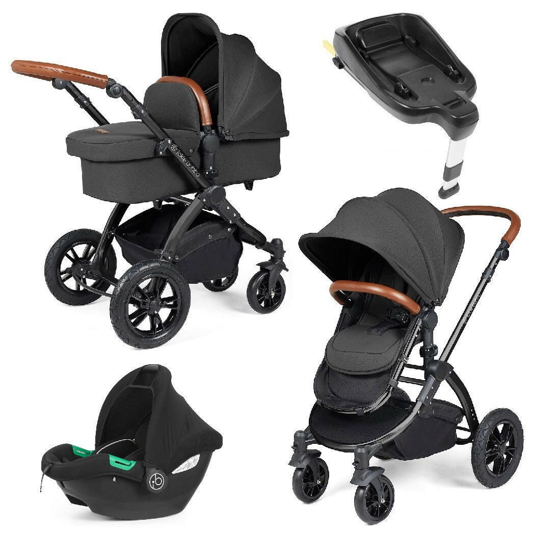 Ickle Bubba Stomp LUXE Travel System with Cirrus Car Seat & Base - Black/Charcoal/Tan - plus Bubba&Me Crib