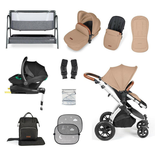 Ickle Bubba Stomp LUXE Travel System with Cirrus Car Seat & Base - Silver/Desert/Tan - plus Bubba&Me Crib