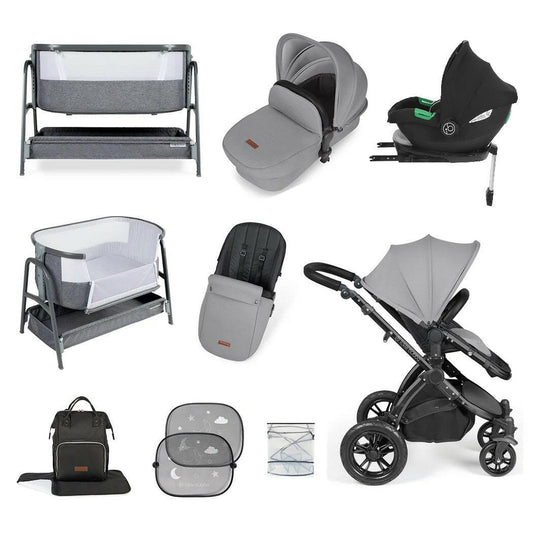 Ickle Bubba Stomp LUXE Travel System with Cirrus Car Seat & Base - Black/Pearl Grey/Black - plus Bubba&Me Crib