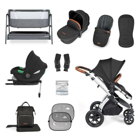 Ickle Bubba Stomp LUXE Travel System with Cirrus Car Seat & Base - Silver/Charcoal/Tan - plus Bubba&Me Crib