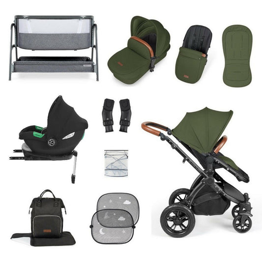 Ickle Bubba Stomp LUXE Travel System with Cirrus Car Seat & Base - Black/Woodland/Tan - plus Bubba&Me Crib