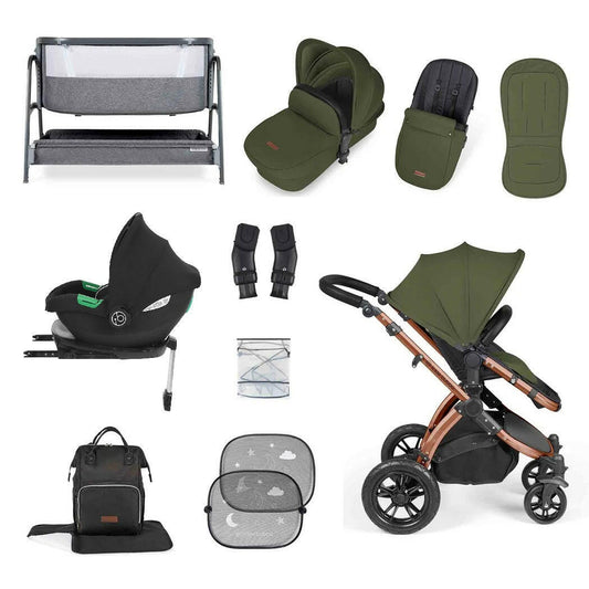 Ickle Bubba Stomp LUXE Travel System with Cirrus Car Seat & Base - Bronze/Woodland/Black - plus Bubba&Me Crib