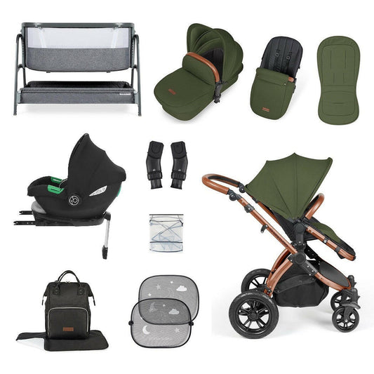Ickle Bubba Stomp LUXE Travel System with Cirrus Car Seat & Base - Bronze/Woodland/Tan - plus Bubba&Me Crib