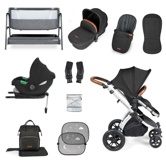 Ickle Bubba Stomp LUXE Travel System with Cirrus Car Seat & Base - Silver/Midnight/Tan - plus Bubba&Me Crib