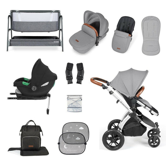 Ickle Bubba Stomp LUXE Travel System with Cirrus Car Seat & Base - Silver/Pearl Grey/Tan - plus Bubba&Me Crib