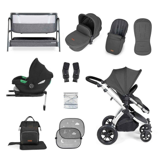 Ickle Bubba Stomp LUXE Travel System with Cirrus Car Seat & Base - Silver/Charcoal/Black - plus Bubba&Me Crib