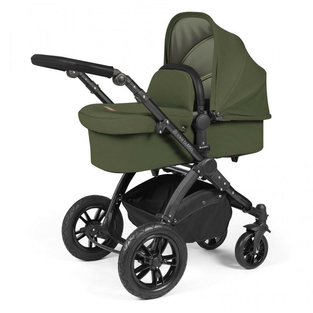 Ickle Bubba Stomp LUXE Travel System with Cirrus Car Seat & Base - Black/Woodland/Black - plus Bubba&Me Crib