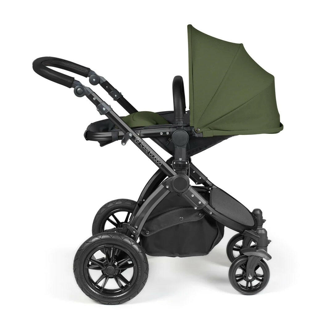 Ickle Bubba Stomp LUXE Travel System with Cirrus Car Seat & Base - Black/Woodland/Black - plus Bubba&Me Crib