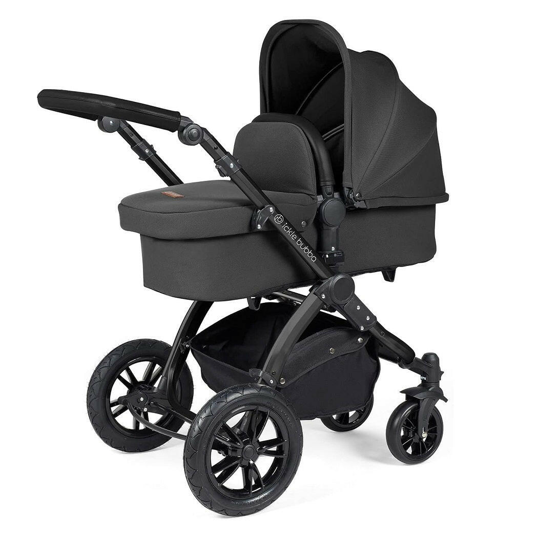 Ickle Bubba Stomp LUXE Travel System with Cirrus Car Seat & Base - Black/Charcoal/Black - plus Bubba&Me Crib