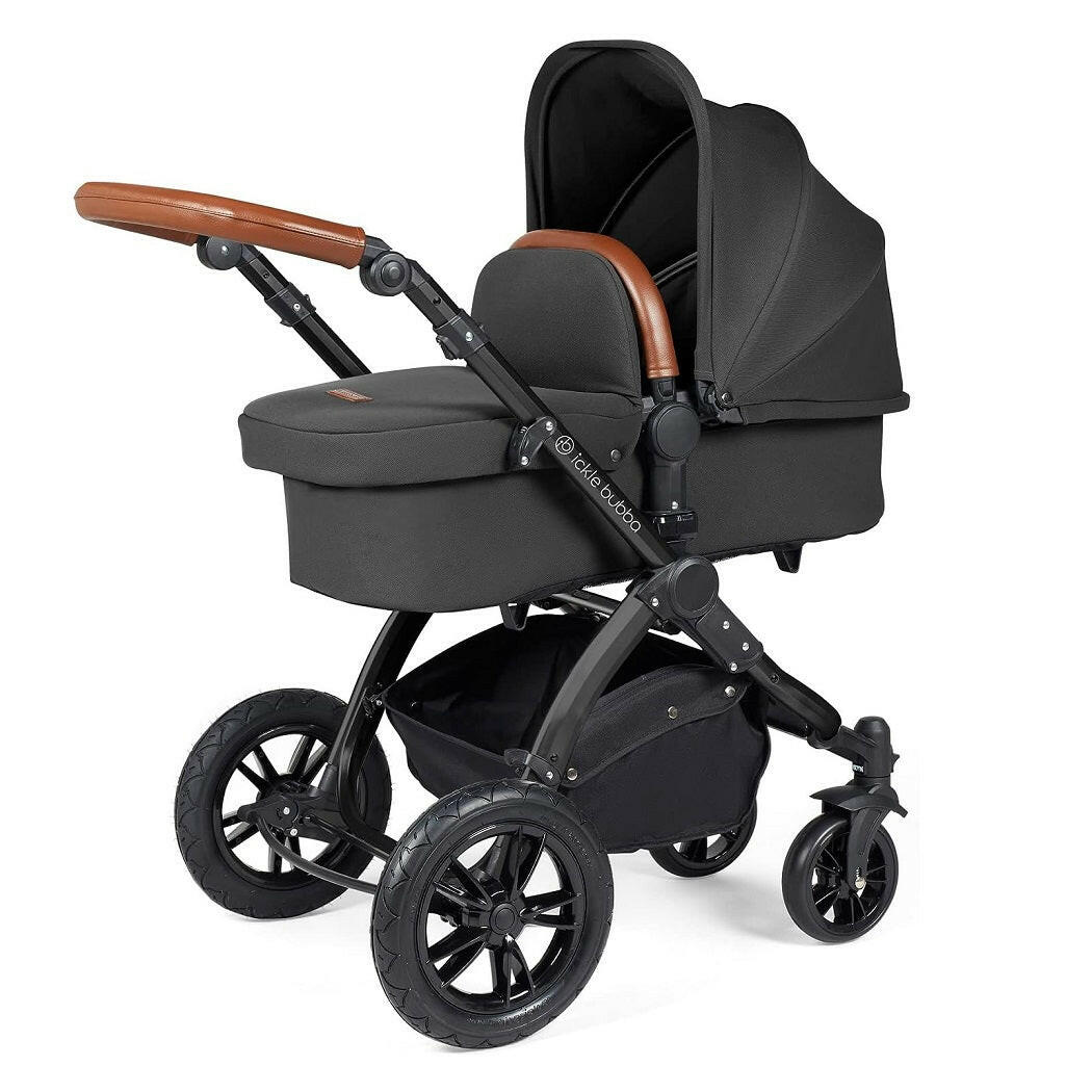 Ickle Bubba Stomp LUXE Travel System with Cirrus Car Seat & Base - Black/Charcoal/Tan - plus Bubba&Me Crib