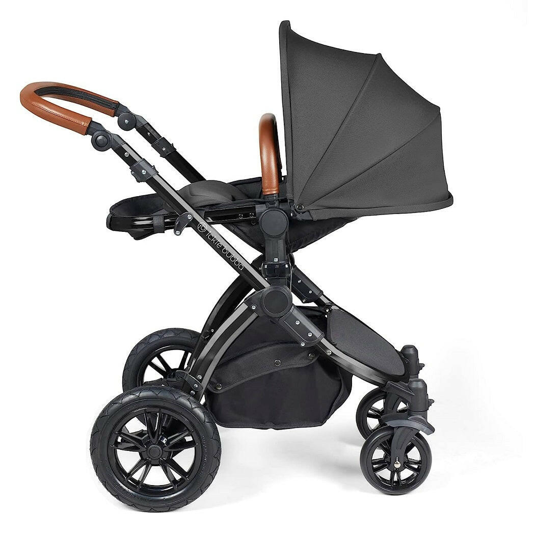 Ickle Bubba Stomp LUXE Travel System with Cirrus Car Seat & Base - Black/Charcoal/Tan - plus Bubba&Me Crib