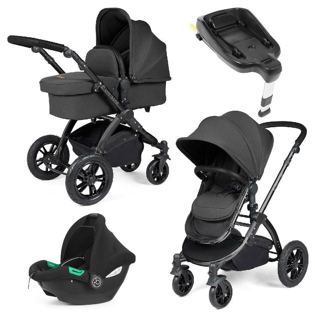 Ickle Bubba Stomp LUXE Travel System with Cirrus Car Seat & Base - Black/Charcoal/Black - plus Bubba&Me Crib
