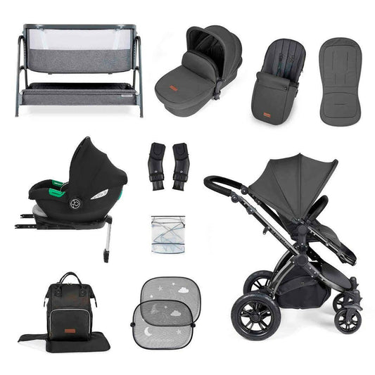 Ickle Bubba Stomp LUXE Travel System with Cirrus Car Seat & Base - Black/Charcoal/Black - plus Bubba&Me Crib