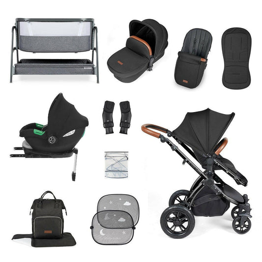 Ickle Bubba Stomp LUXE Travel System with Cirrus Car Seat & Base - Black/Charcoal/Tan - plus Bubba&Me Crib