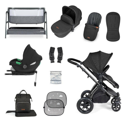 Ickle Bubba Stomp LUXE Travel System with Cirrus Car Seat & Base - Black/Midnight/Black - plus Bubba&Me Crib