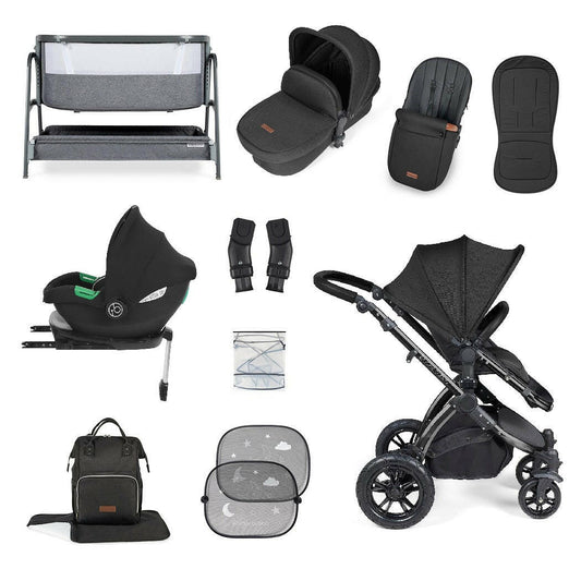 Ickle Bubba Stomp LUXE Travel System with Cirrus Car Seat & Base - Black/Midnight/Black - plus Bubba&Me Crib