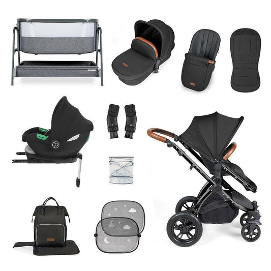 Ickle Bubba Stomp LUXE Travel System with Cirrus Car Seat & Base - Black/Midnight/Tan - plus Bubba&Me Crib