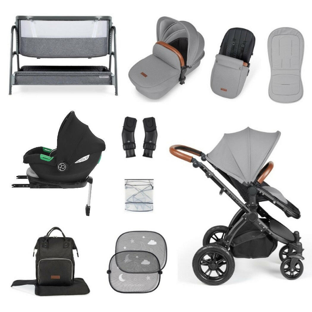 Ickle Bubba Stomp LUXE Travel System with Cirrus Car Seat & Base - Black/Pearl Grey/Tan - plus Bubba&Me Crib