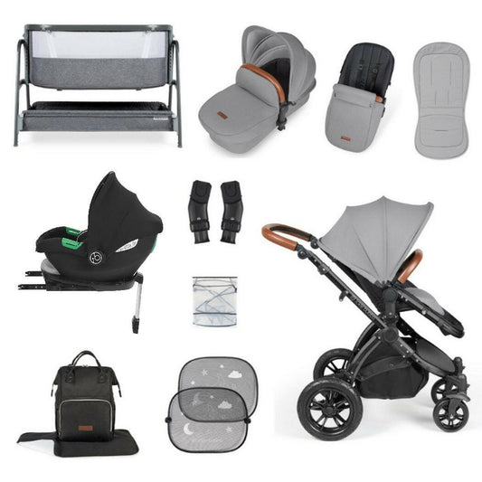 Ickle Bubba Stomp LUXE Travel System with Cirrus Car Seat & Base - Black/Pearl Grey/Tan - plus Bubba&Me Crib