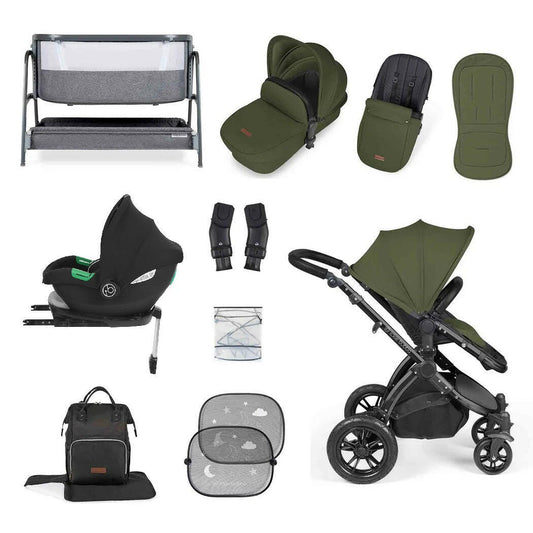 Ickle Bubba Stomp LUXE Travel System with Cirrus Car Seat & Base - Black/Woodland/Black - plus Bubba&Me Crib