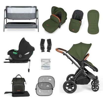 Ickle Bubba Stomp LUXE Travel System with Cirrus Car Seat & Base - Black/Woodland/Tan - plus Bubba&Me Crib