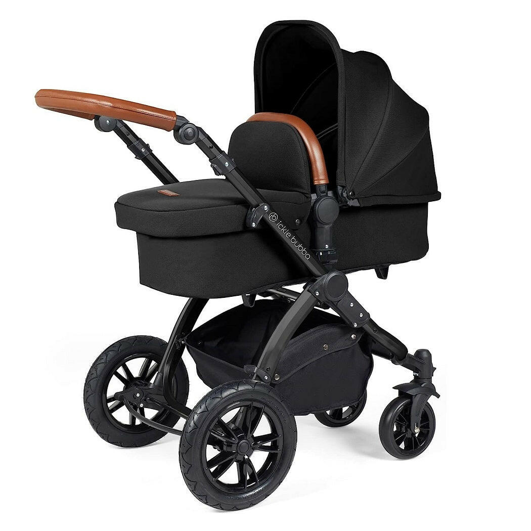 Ickle Bubba Stomp LUXE Travel System with Cirrus Car Seat & Base - Black/Midnight/Tan - plus Bubba&Me Crib