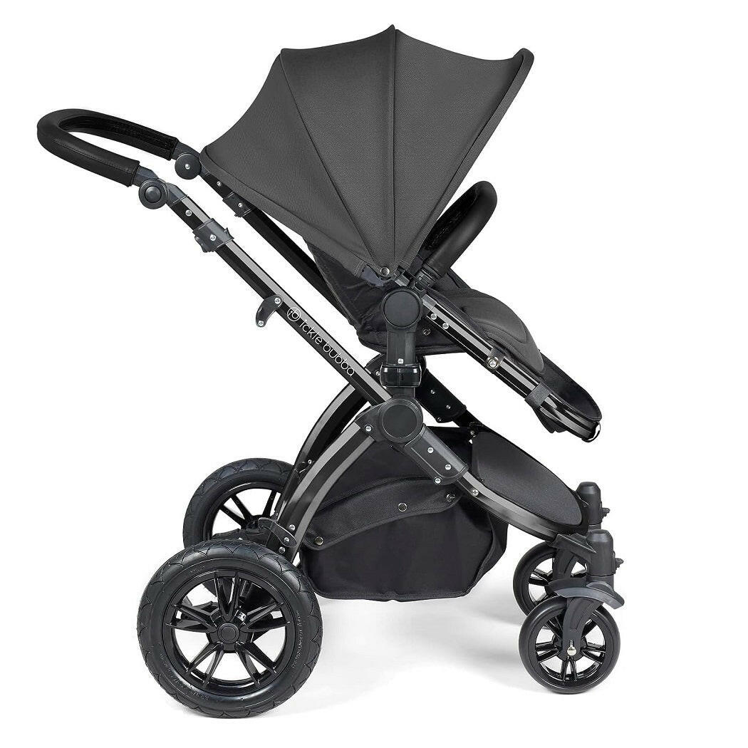 Ickle Bubba Stomp LUXE Travel System with Cirrus Car Seat & Base - Black/Charcoal/Black - plus Bubba&Me Crib