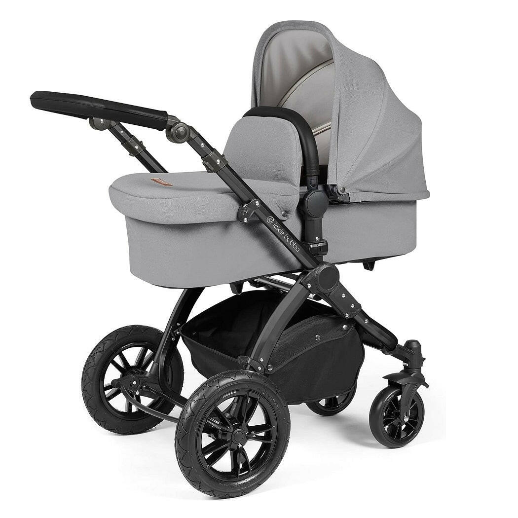 Ickle Bubba Stomp LUXE Travel System with Cirrus Car Seat & Base - Black/Pearl Grey/Black - plus Bubba&Me Crib